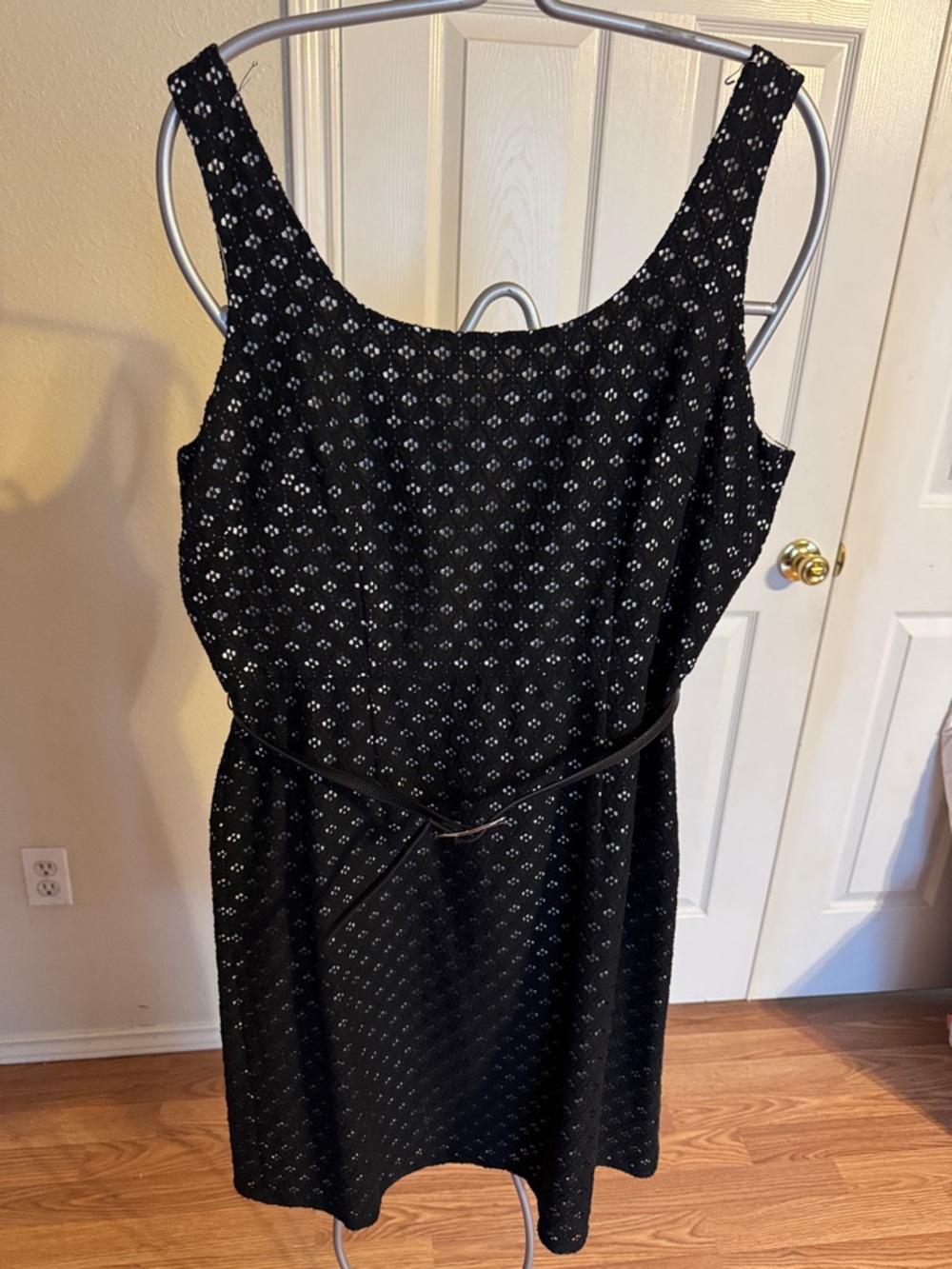 Adrianna Papell Black Eyelet Midi Dress with Belt